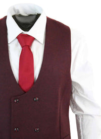 Mens Double Breasted Felt Tweed Vintage Retro Classic Waistcoat Slim Fit Herringbone-Melton DBC Wine