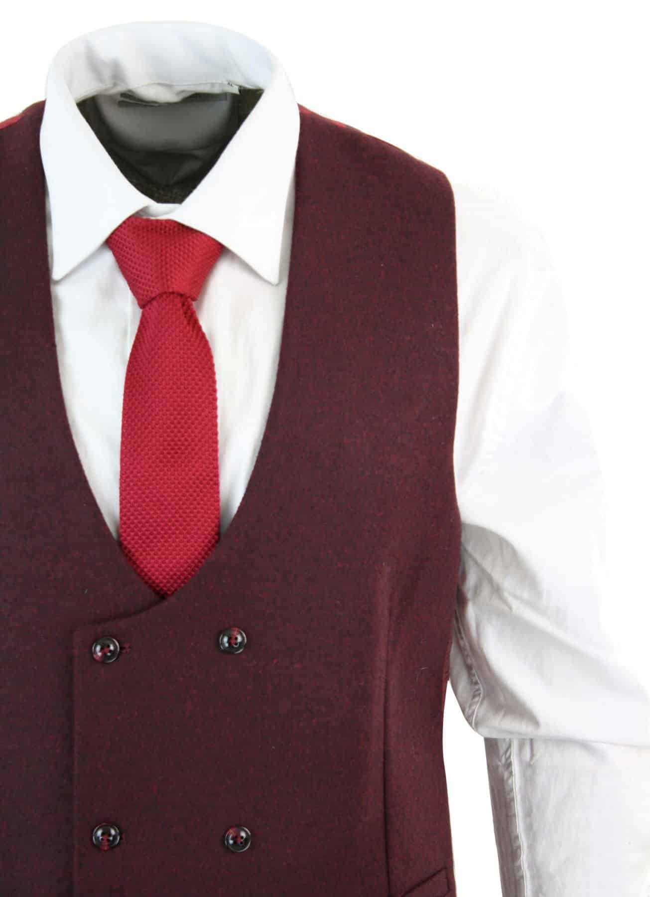 Mens Double Breasted Felt Tweed Vintage Retro Classic Waistcoat Slim Fit Herringbone-Melton DBC Wine