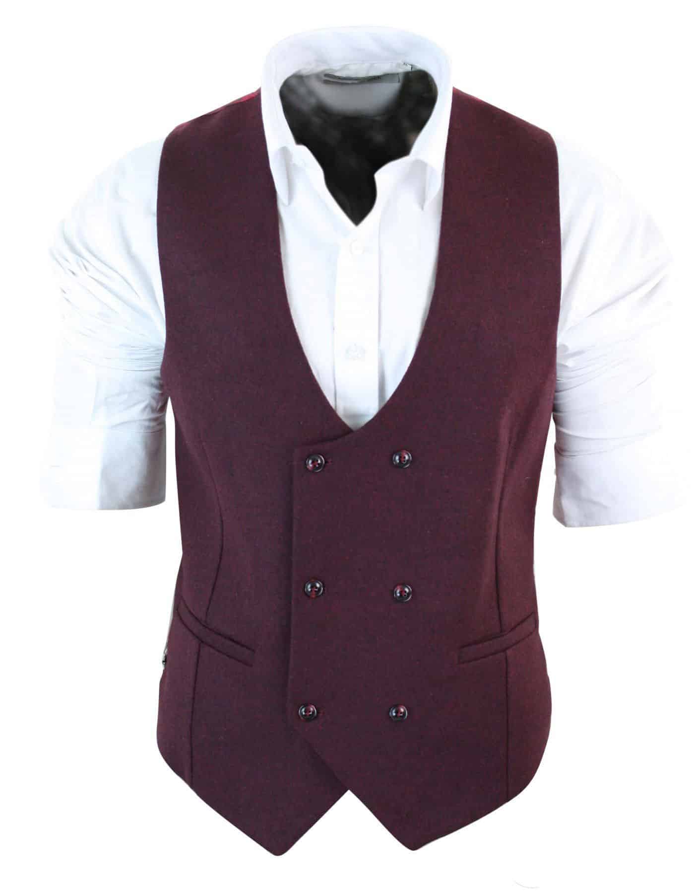 Mens Double Breasted Felt Tweed Vintage Retro Classic Waistcoat Slim Fit Herringbone-Melton DBC Wine