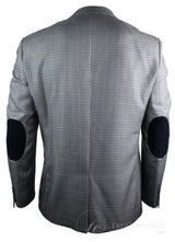 Mens Tweed Vintage Retro Grey Checked Blazer Elbow Patch Black Trim Tailored