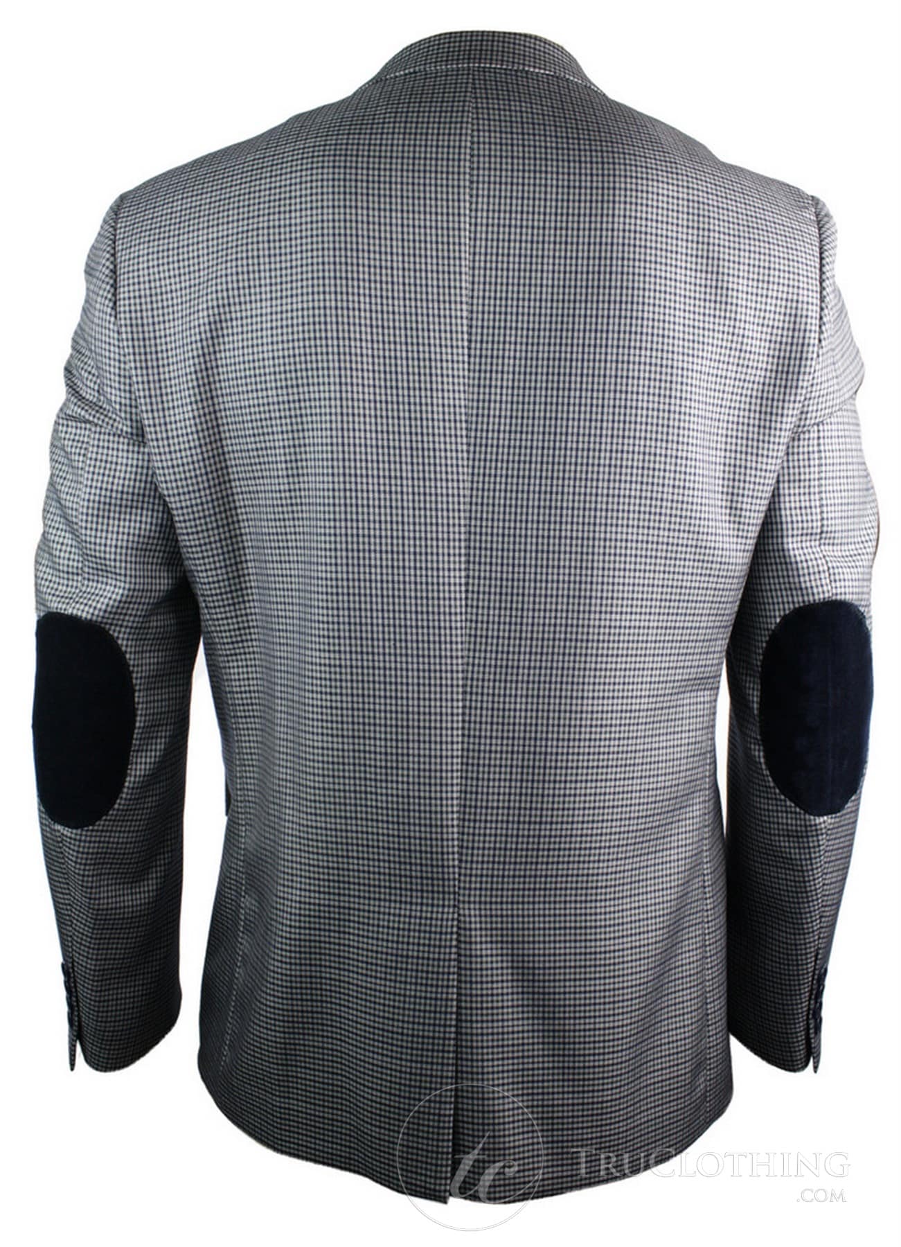 Mens Tweed Vintage Retro Grey Checked Blazer Elbow Patch Black Trim Tailored