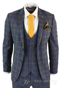 Marc Darcy SBC Roman - Mens 3 Piece Blue Gold Slim Fit Prince Of Wales Check Suit Marc Darcy Wedding Prom
