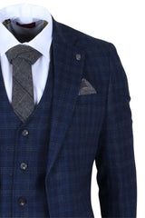 Marcos – granatowy męski garnitur w kratę, dopasowany 3-częściowy