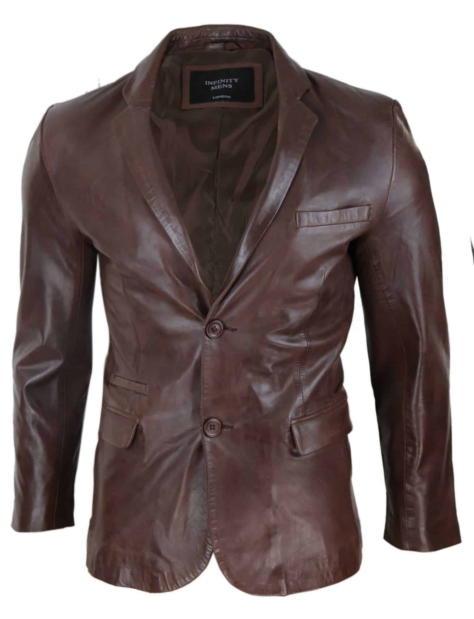 Mens Slim Fit Brown Leather Blazer