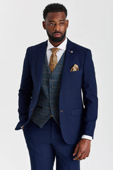 Teksturowany garnitur Mayfair Navy z kontrastową kamizelką tweedową Harris Navy