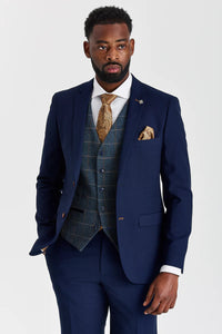 Teksturowany garnitur Mayfair Navy z kontrastową kamizelką tweedową Harris Navy