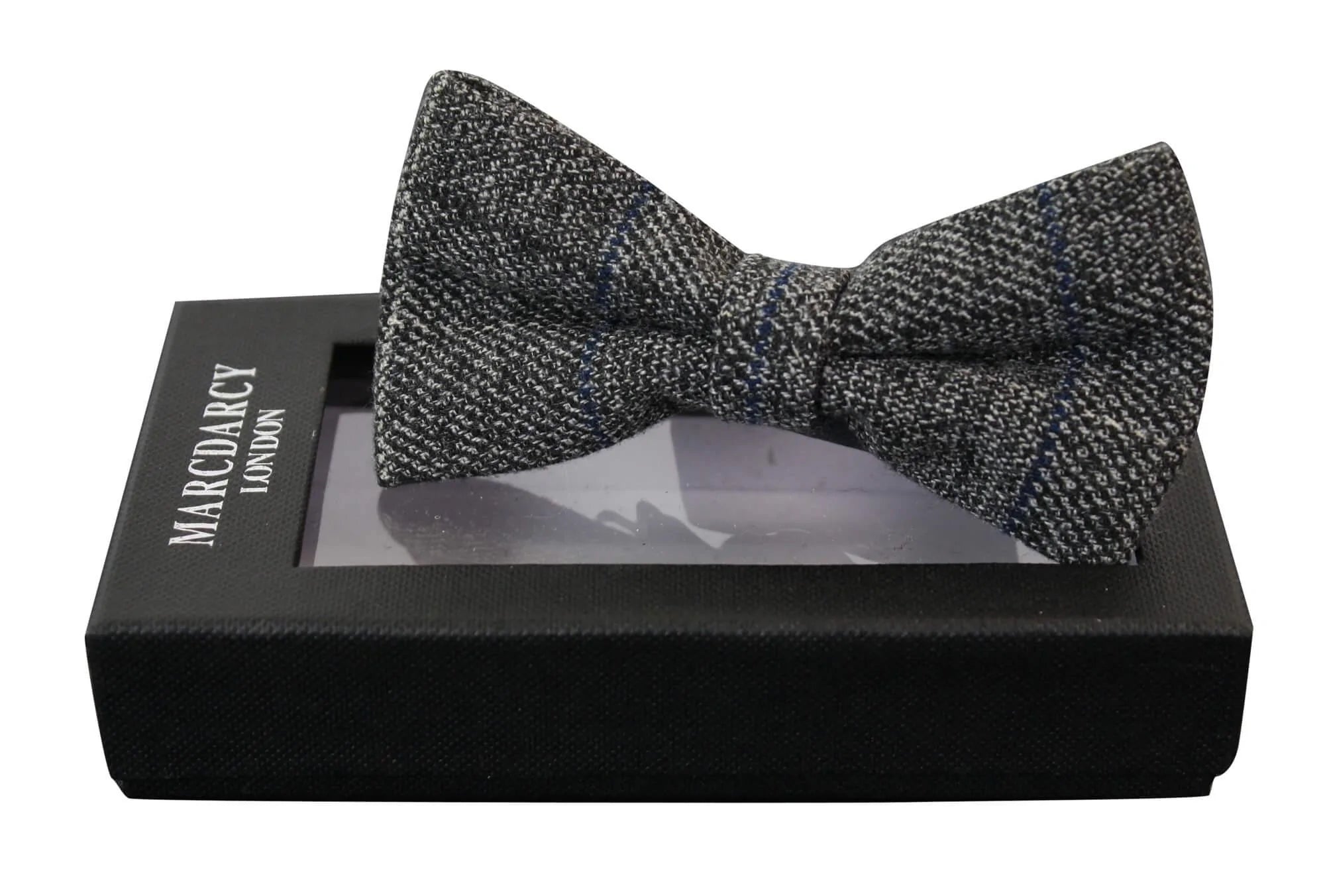 Mens Tweed Grey Herringbone Textured Marc Darcy Bow Ties Vintage Retro