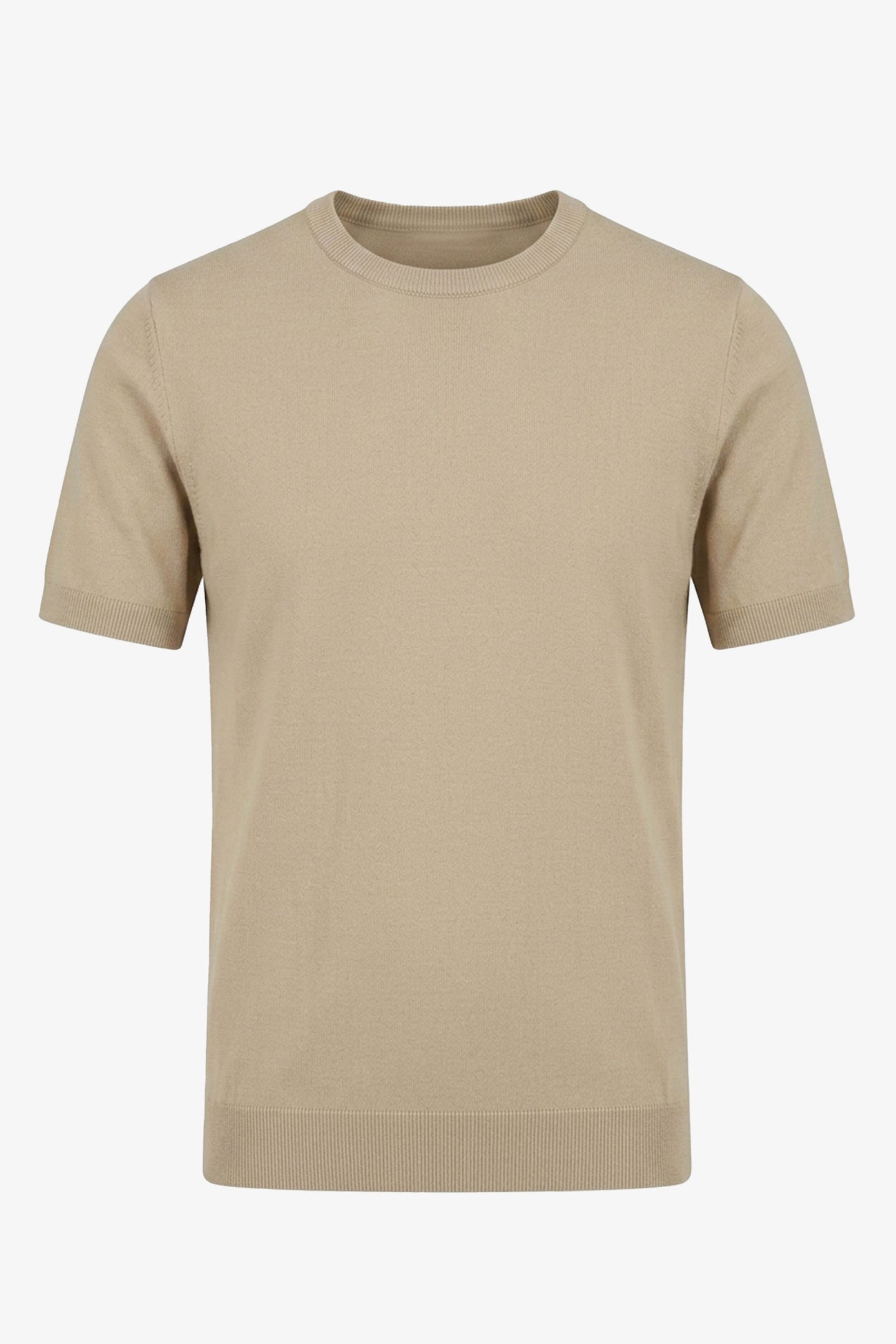 Męska beżowa dzianinowa koszulka T-shirt o regularnym kroju, z okrągłym dekoltem i krótkim rękawem