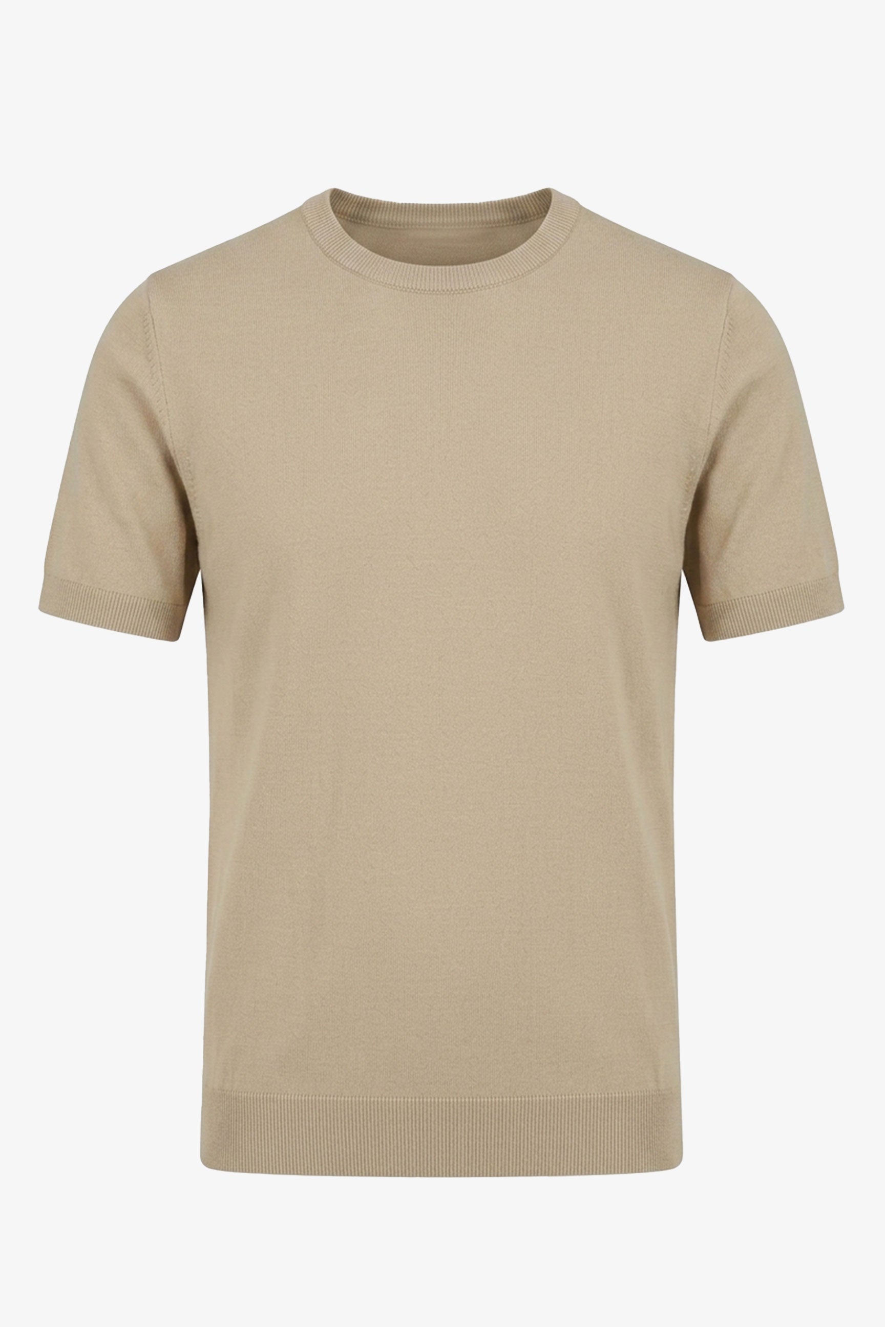 Męska beżowa dzianinowa koszulka T-shirt o regularnym kroju, z okrągłym dekoltem i krótkim rękawem