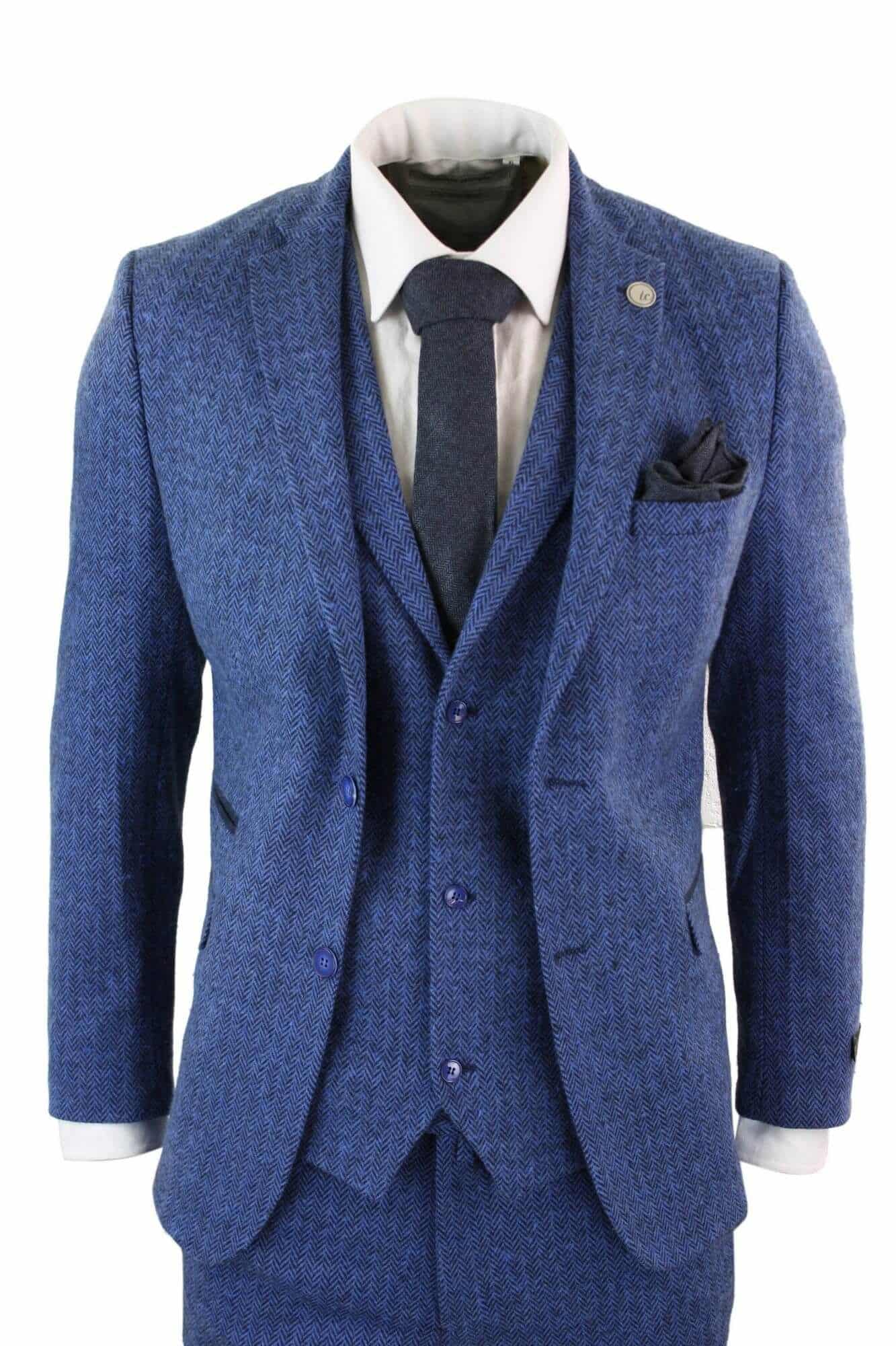 Men's Blue Herringbone 3 Piece Tweeed Suit - STZ11