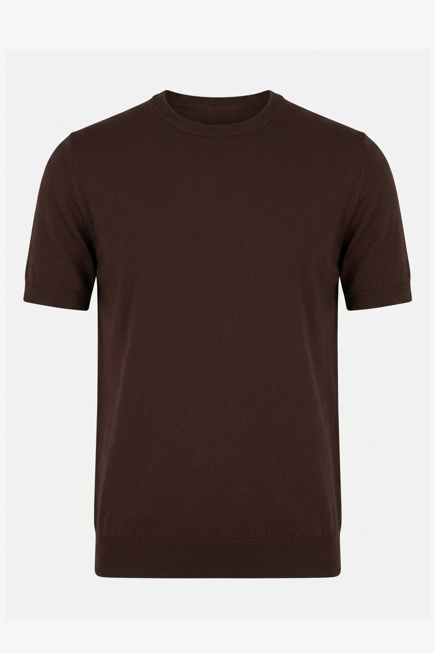 Męska brązowa dzianinowa koszulka T-shirt o regularnym kroju z okrągłym dekoltem i krótkim rękawem