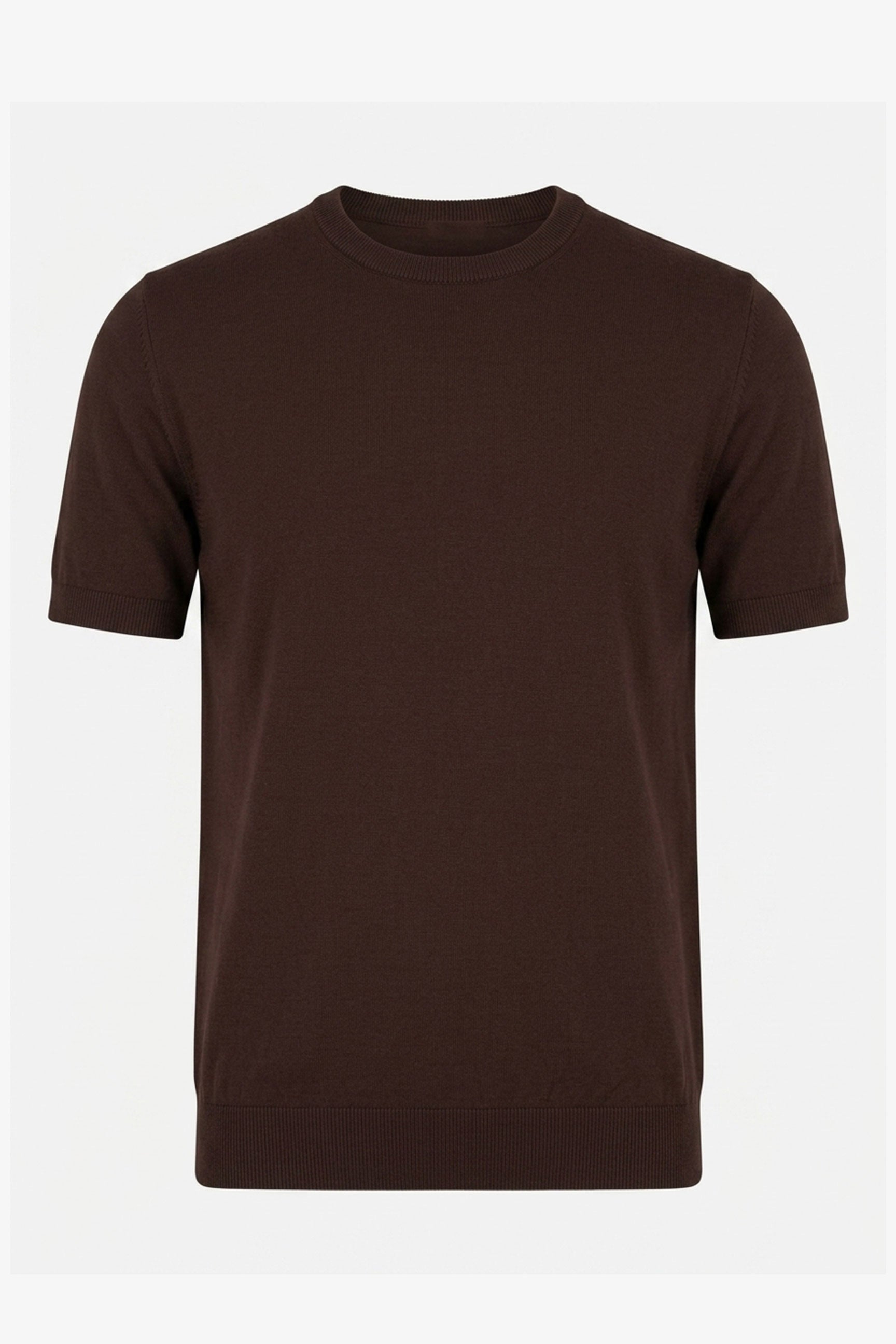 Męska brązowa dzianinowa koszulka T-shirt o regularnym kroju z okrągłym dekoltem i krótkim rękawem