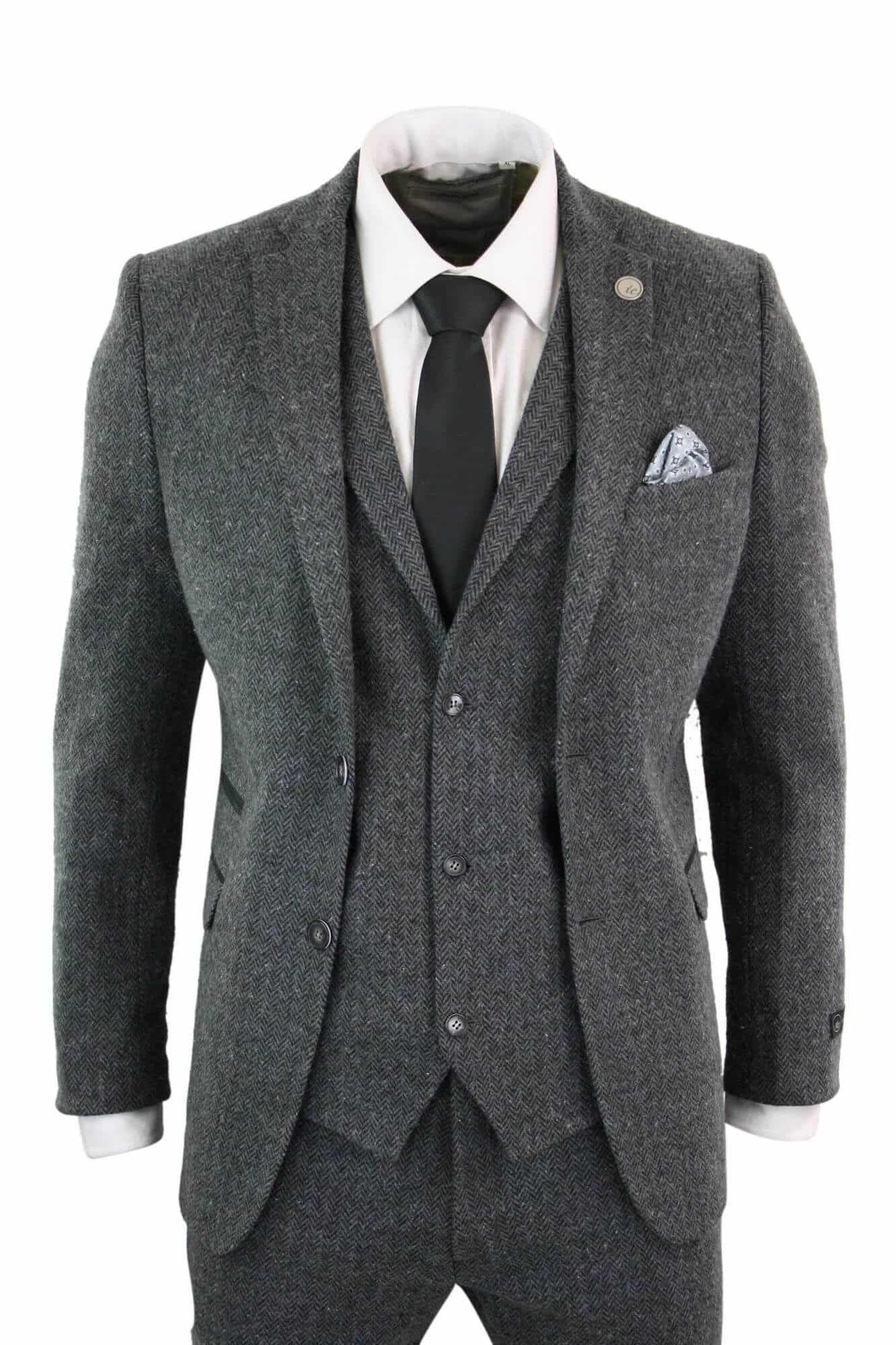 Men's Charcoal Grey 3 Piece Tweed Herringbone Suit - STZ11