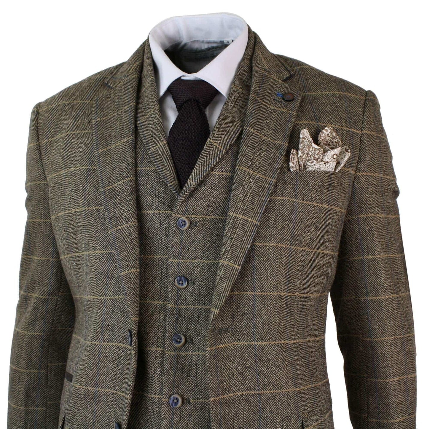 Cavani Albert - Men's Herringbone Tweed Check 3 Piece Suit - Tan Brown
