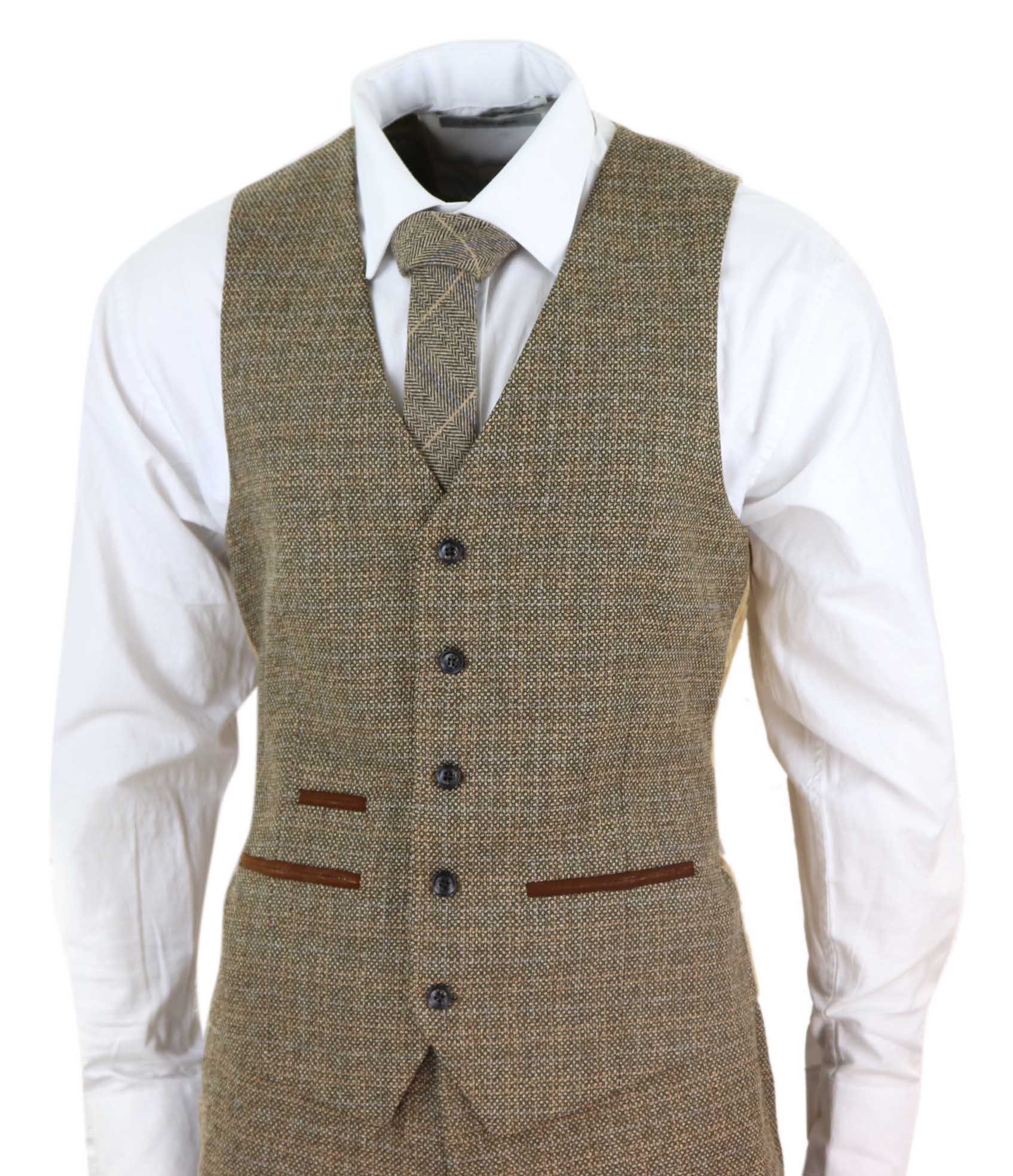 Mens 3 Piece Tweed Check Suit - Brown