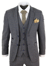 Mens 3 Piece Tweed Check Suit - Navy Blue