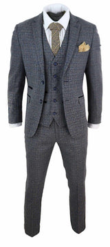 Mens 3 Piece Tweed Check Suit - Navy Blue