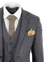 Mens 3 Piece Tweed Check Suit - Navy Blue