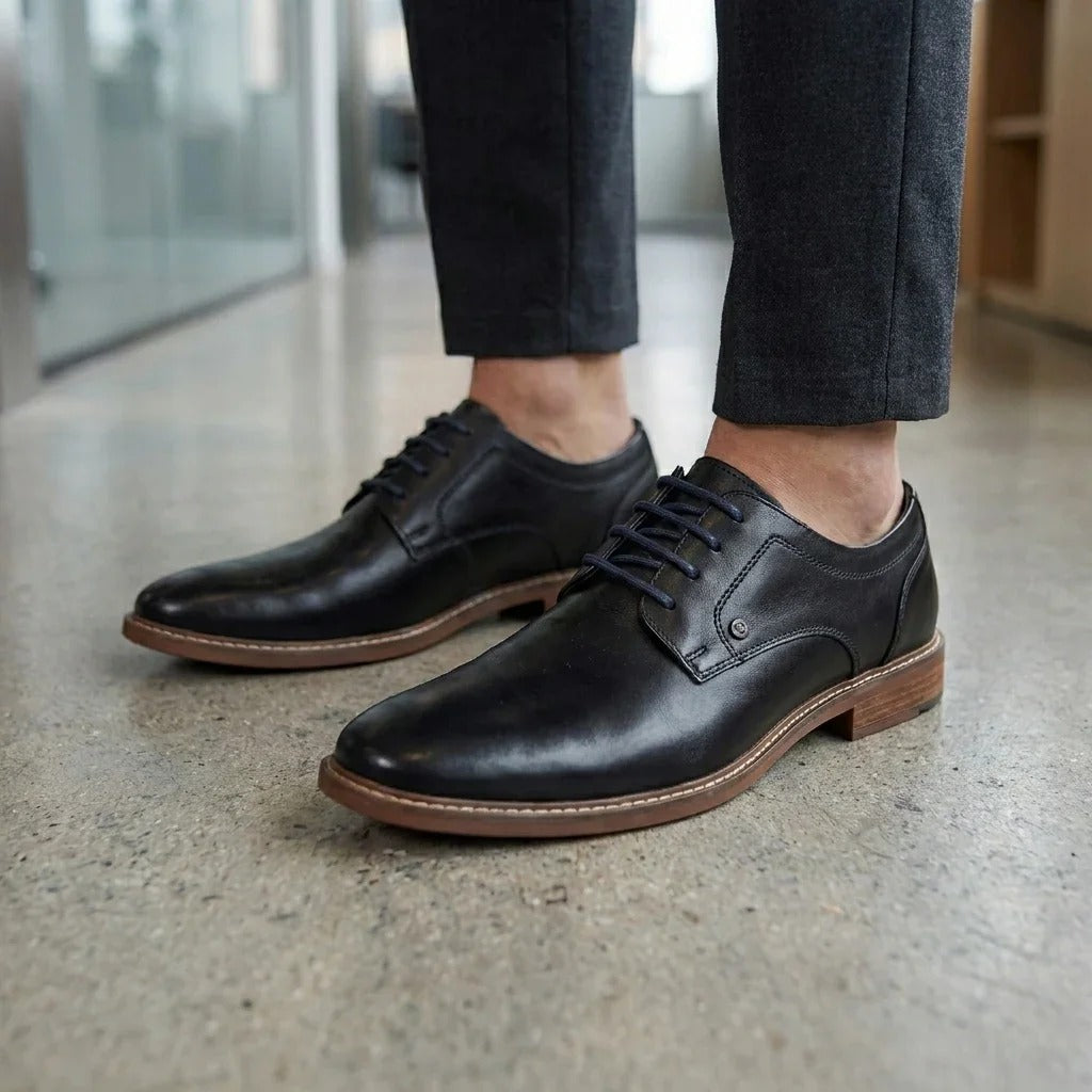 Męskie czarne skórzane, polerowane, proste, formalne buty typu derby