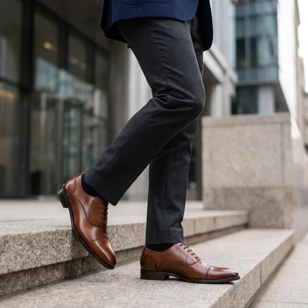 Brązowe, gładkie, skórzane, męskie buty typu derby z noskiem typu cap-toe