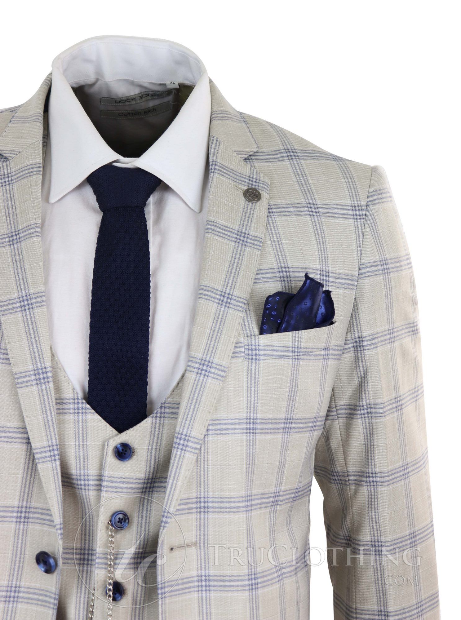 Mens Cream Blue Check Wedding Suit