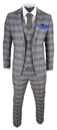 Mens Grey 3 Piece Tweed Check Suit