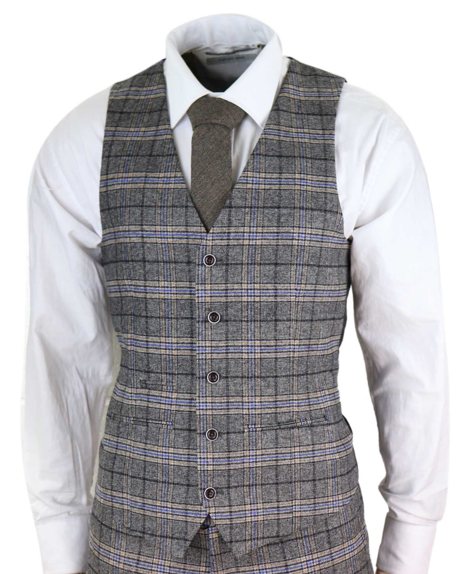 Mens Grey 3 Piece Tweed Check Suit