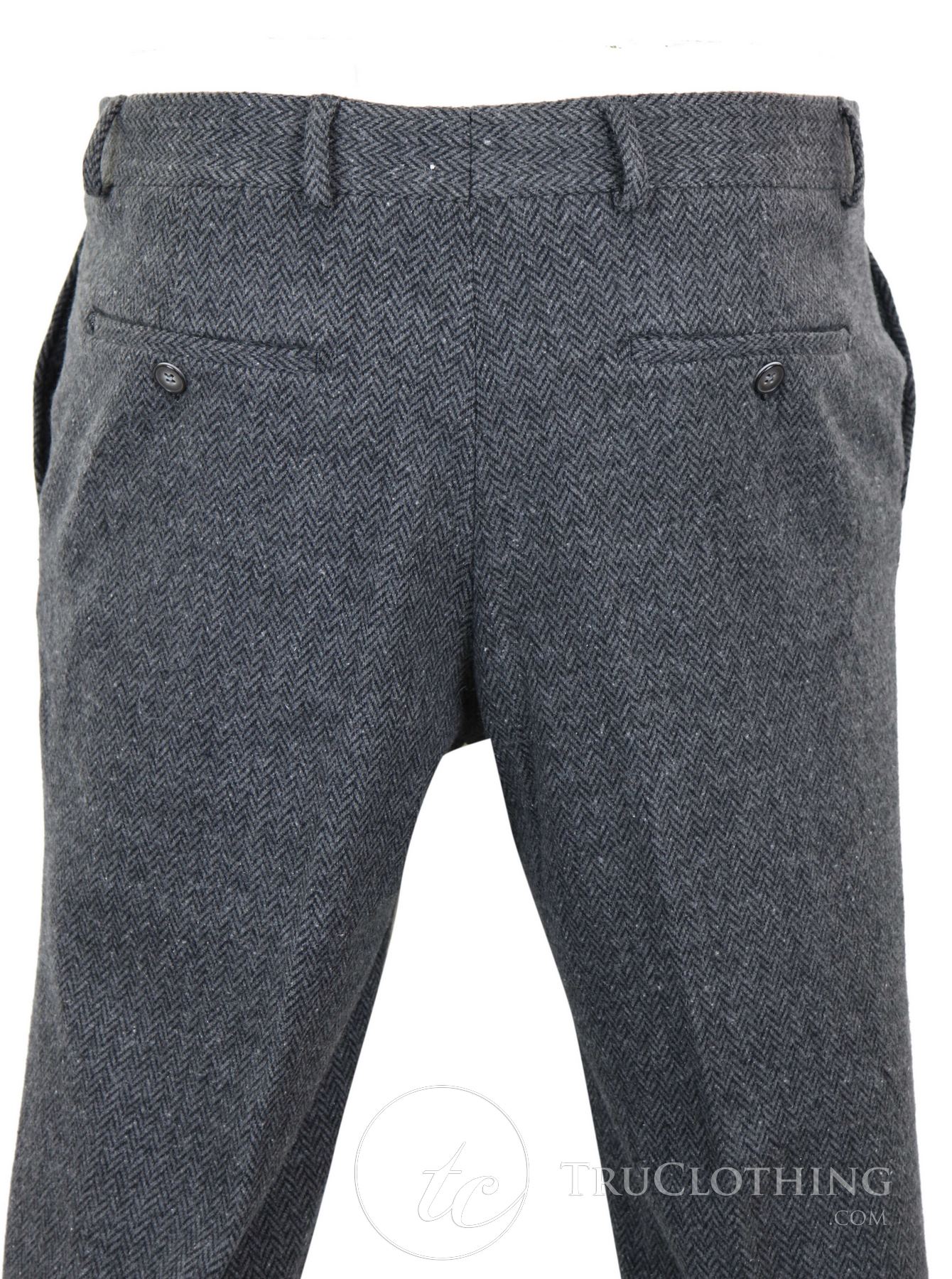 Mens Grey Charcoal Tweed Herringbone Wool Trousers - Charcoal