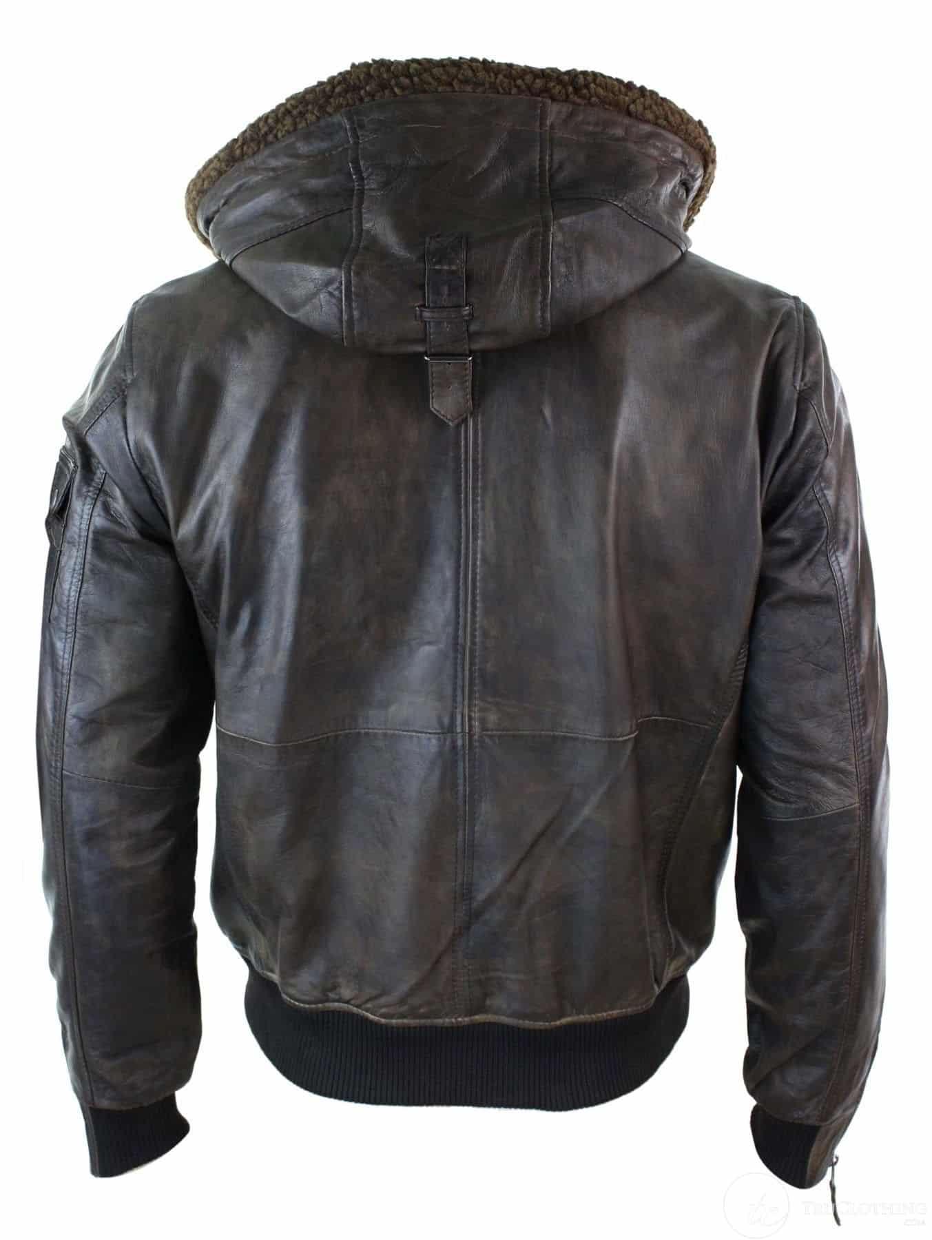 Mens Real Leather Hood Fur Jacket Bomber Aviator Vintage Brown Retro-Brown