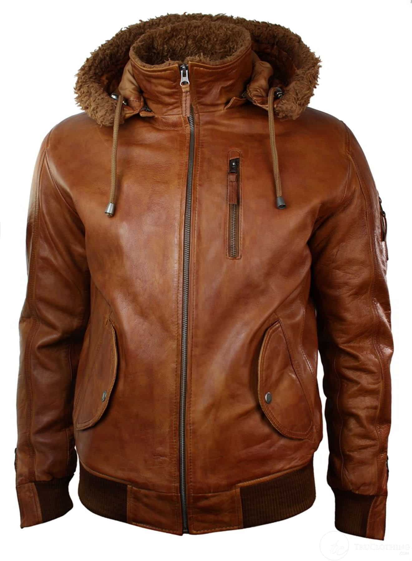 Mens Real Leather Hood Fur Jacket Bomber Aviator Vintage Brown Retro-Tan
