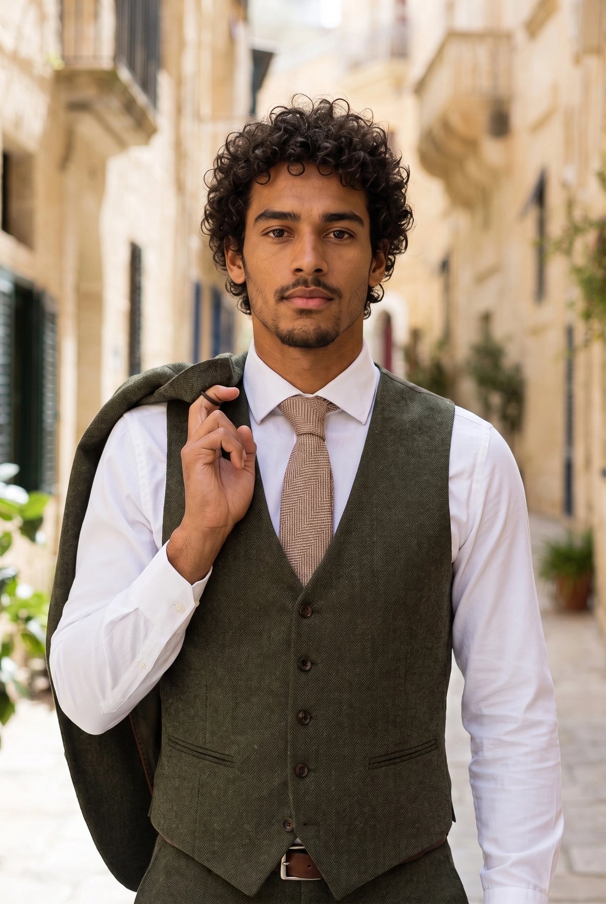 Męski krawat tweedowy w kolorze jasnobrązowym z mieszanki wełny w jodełkę