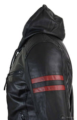 Mens Black Hood Real Leather Bomber Jacket Red Stripes Quilted Slim Fit Casual