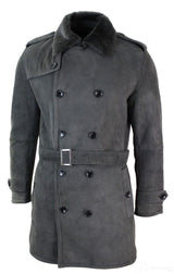 Mens Sherling Sheepskin Black Grey Double Breasted Belted 3/4 Overcoat