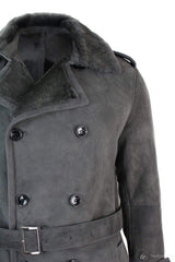 Mens Sherling Sheepskin Black Grey Double Breasted Belted 3/4 Overcoat
