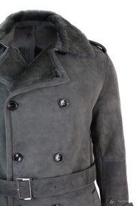 Mens Sherling Sheepskin Black Grey Double Breasted Belted 3/4 Overcoat