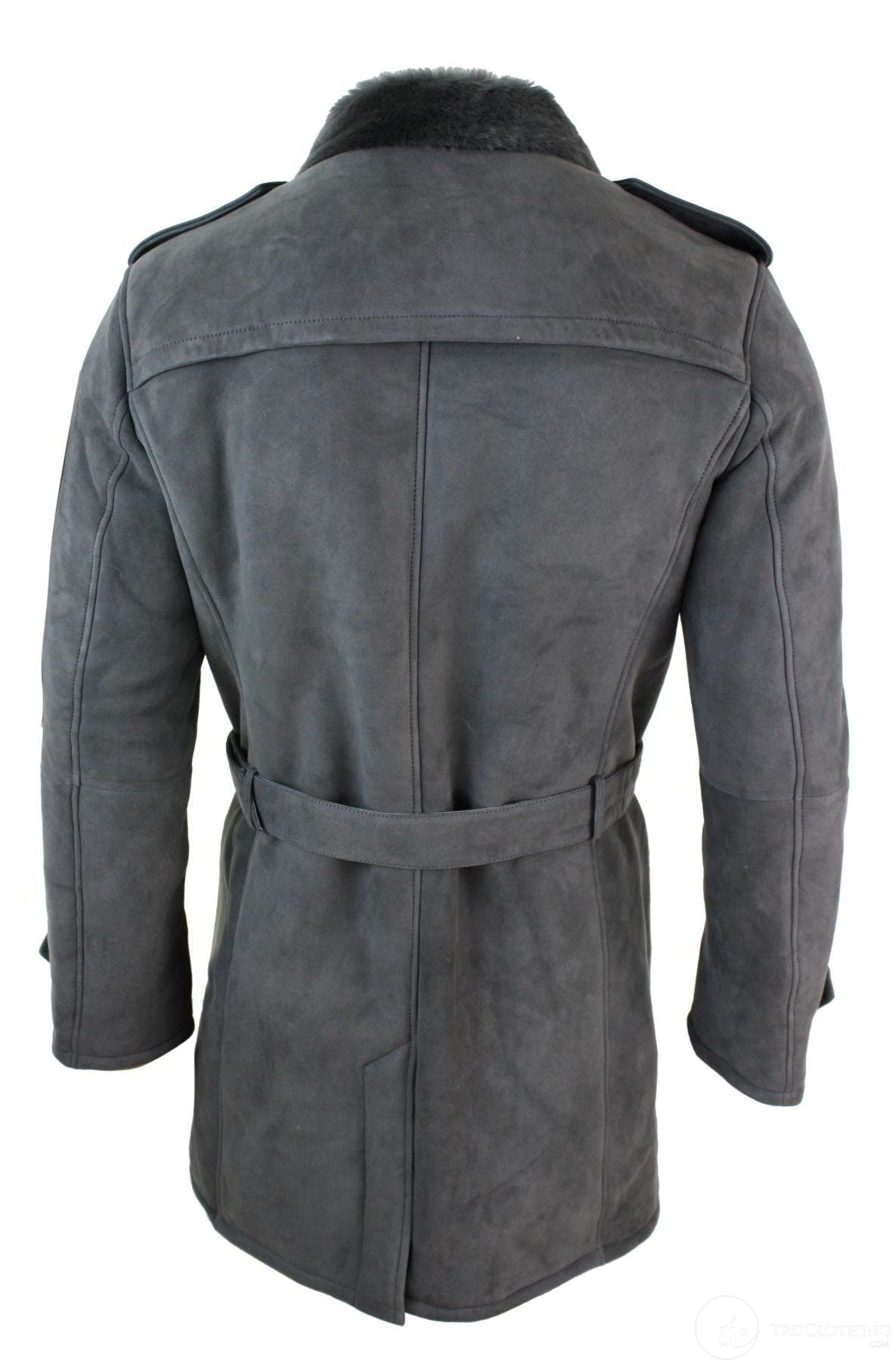 Mens Sherling Sheepskin Black Grey Double Breasted Belted 3/4 Overcoat