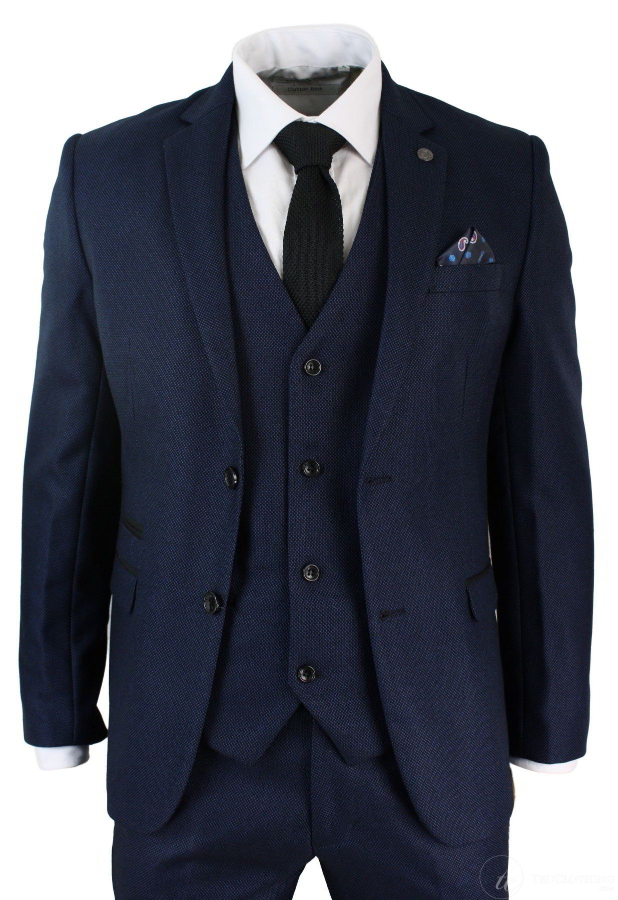 Mens Tailored Fit 3 Piece Blue Black Smart Formal Designer Suit Wedding Party