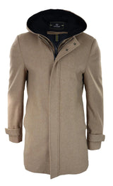 Mens 3/4 Long Overcoat Camel Jacket Coat Removable Hood Smart Casual Winter Warm Wool