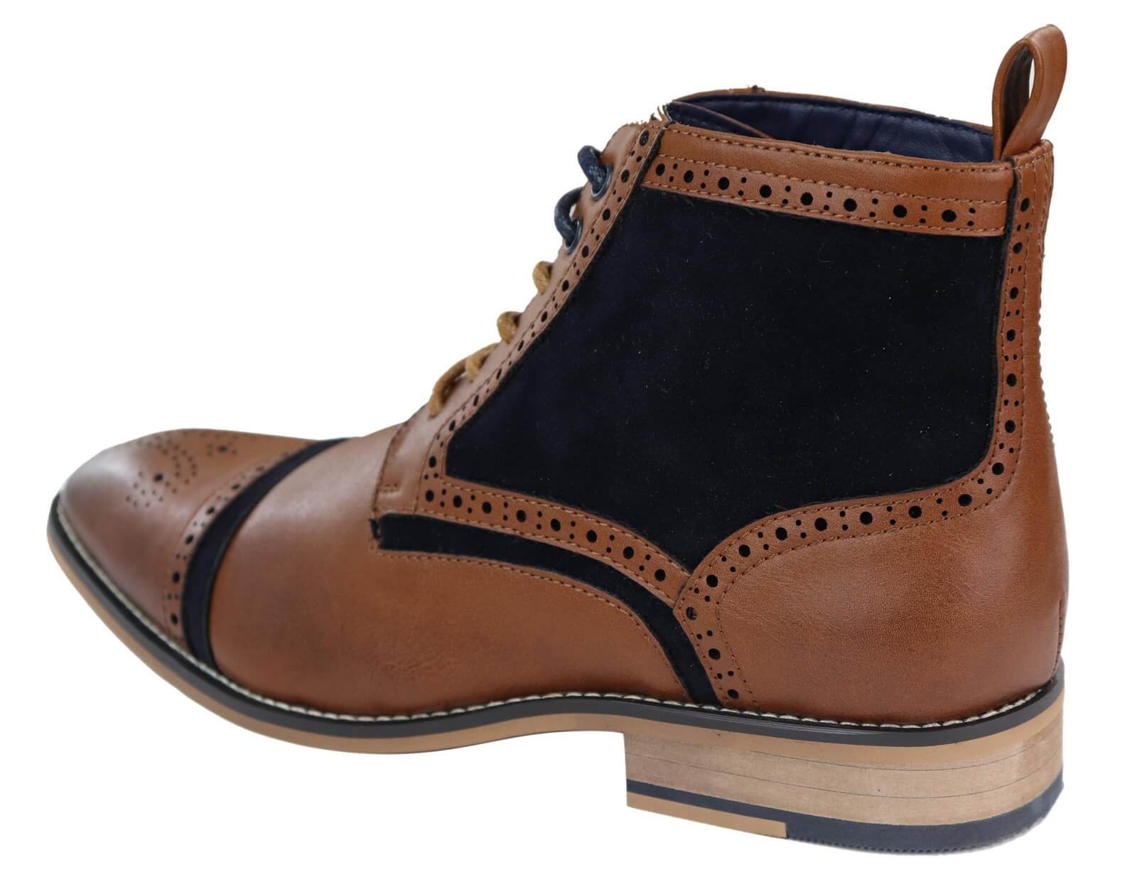 Mens Tan/Navy Leather & Velvet Akle Boots