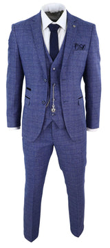 Mens Tweed Blue 3 Piece Check Suit Pocket Watch Tailored Fit Peaky Blinders