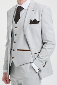 Trzyczęściowy garnitur męski Mark Grey Stone z tweedu w kratkę z brązowymi wykończeniami na wesela i bale maturalne