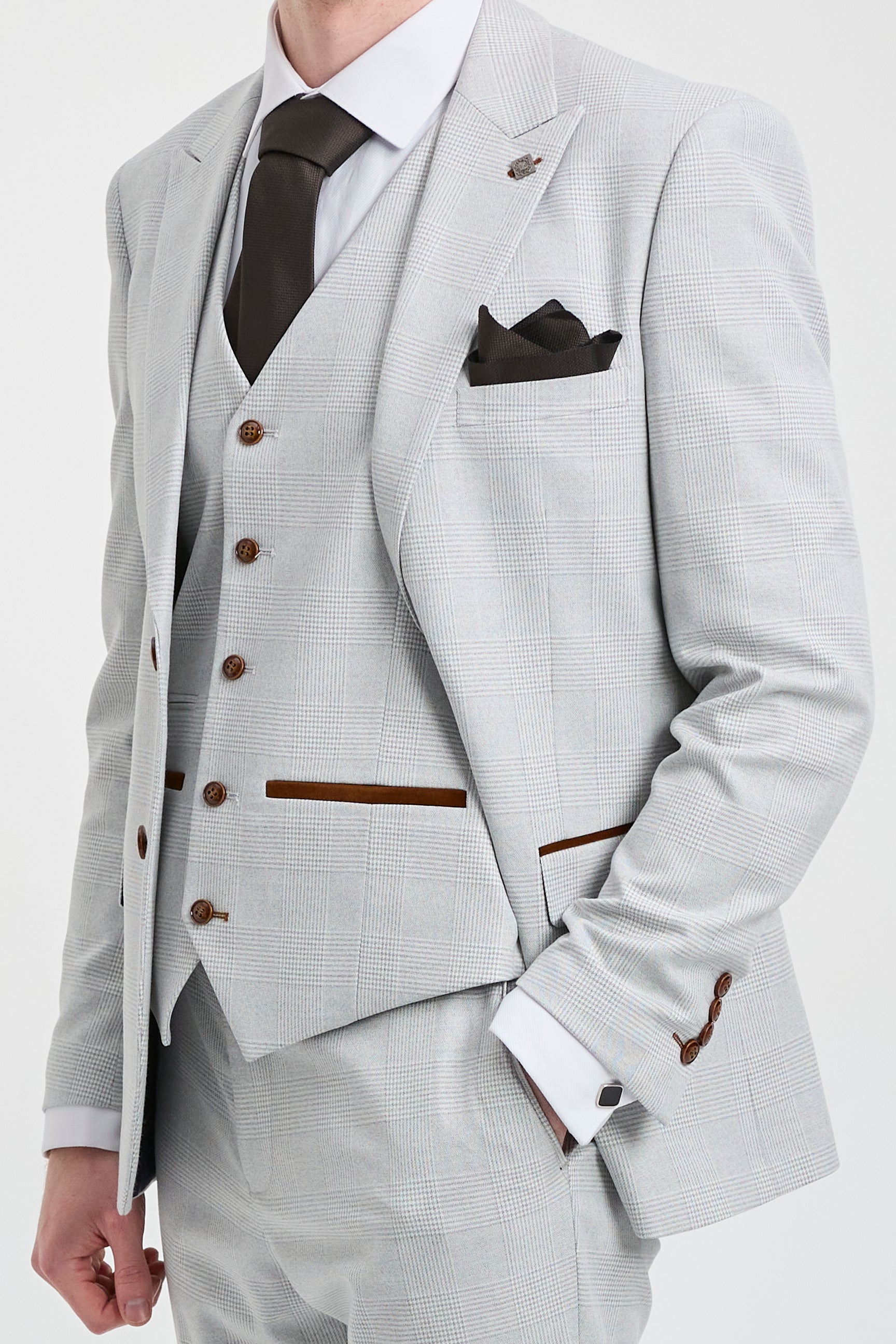 Trzyczęściowy garnitur męski Mark Grey Stone z tweedu w kratkę z brązowymi wykończeniami na wesela i bale maturalne