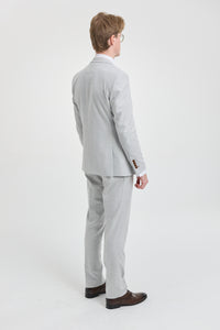 Trzyczęściowy garnitur męski Mark Grey Stone z tweedu w kratkę z brązowymi wykończeniami na wesela i bale maturalne