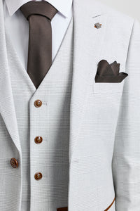 Trzyczęściowy garnitur męski Mark Grey Stone z tweedu w kratkę z brązowymi wykończeniami na wesela i bale maturalne