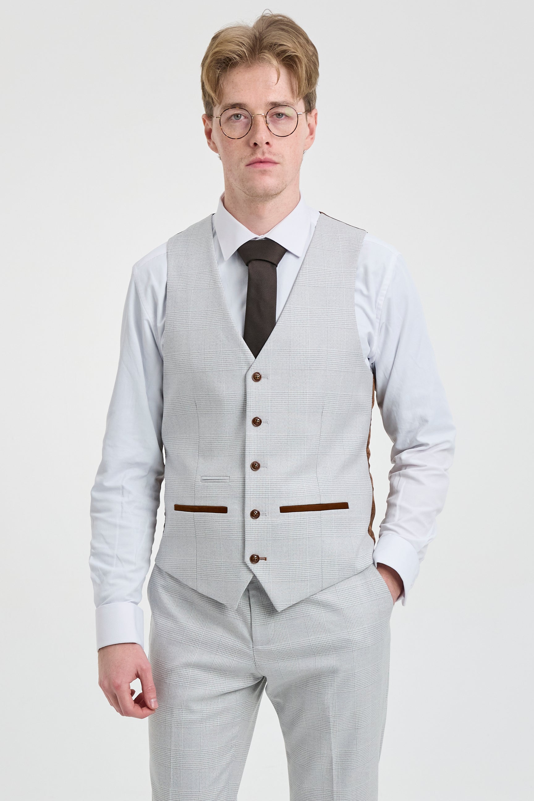 Trzyczęściowy garnitur męski Mark Grey Stone z tweedu w kratkę z brązowymi wykończeniami na wesela i bale maturalne