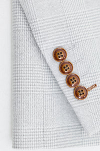 Trzyczęściowy garnitur męski Mark Grey Stone z tweedu w kratkę z brązowymi wykończeniami na wesela i bale maturalne