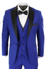 Paul Andrew Regent Blue - Mens 3 Piece Blue Black Satin Tuxedo Dinner Suit Tailored Fit Wedding Prom Groom