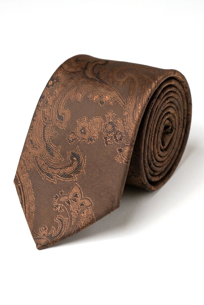 Zestaw prezentowy z brązowym krawatem w paisley, spinkami do mankietów i kieszonką, krawatem satynowym w kwiaty
