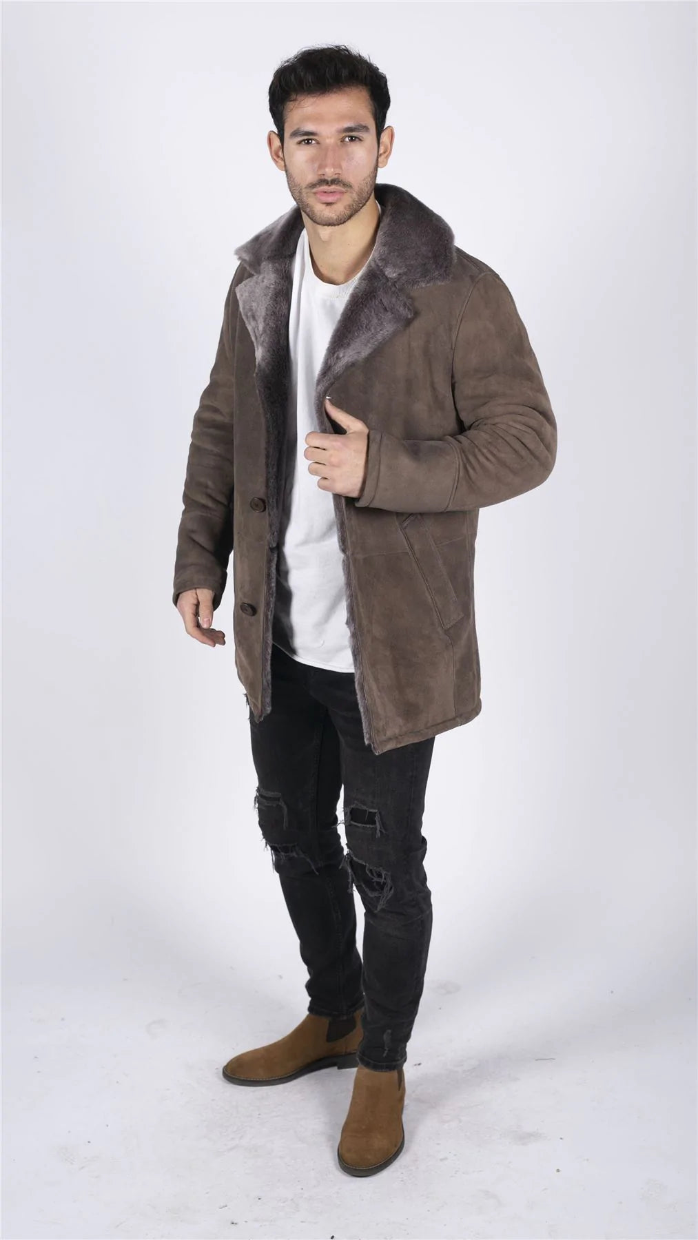 Mens Real Sheepskin Coat Beige Vintage Classic 3/4 Jacket Button Down V Neck
