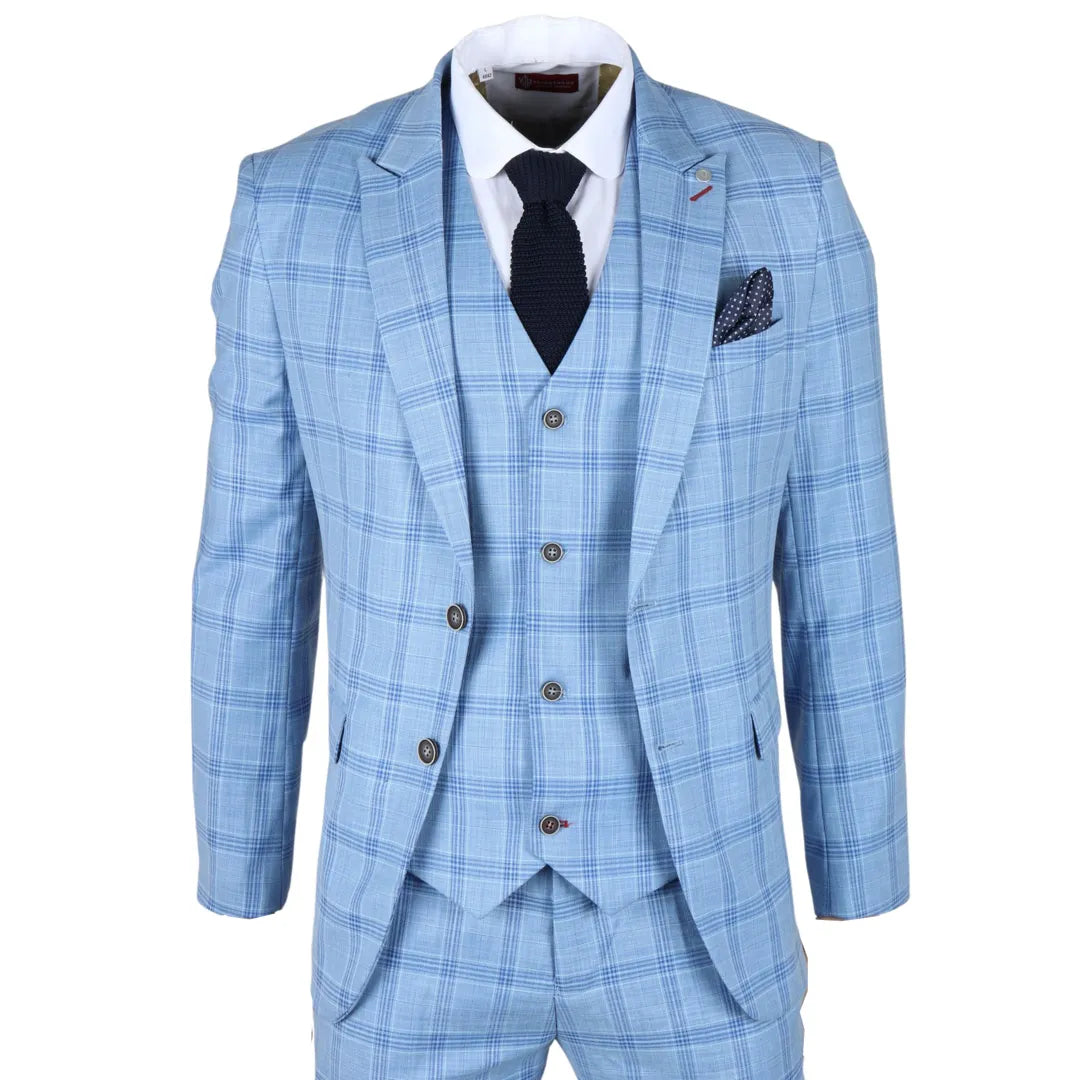 Plowman Men's Light Blue 3-Piece Checked Suit